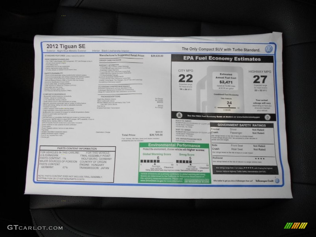 2012 Volkswagen Tiguan SE Window Sticker Photo #55155092
