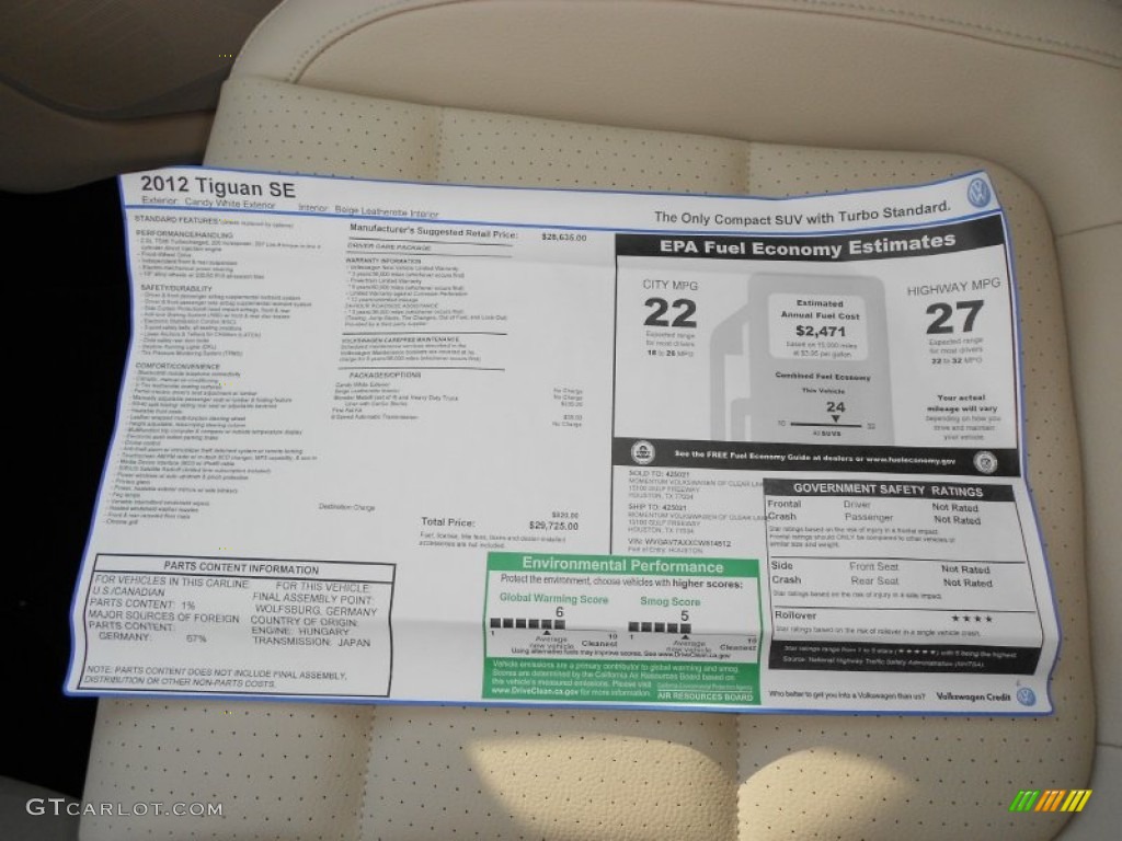 2012 Volkswagen Tiguan SE Window Sticker Photo #55155500