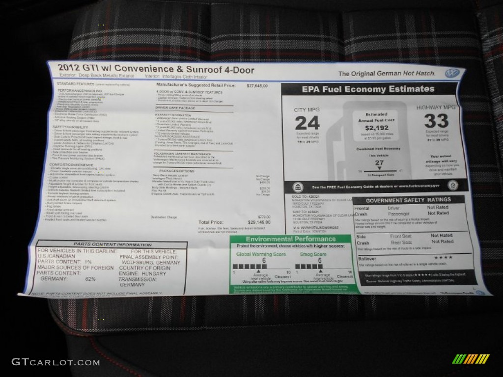 2012 Volkswagen GTI 4 Door Window Sticker Photo #55155722