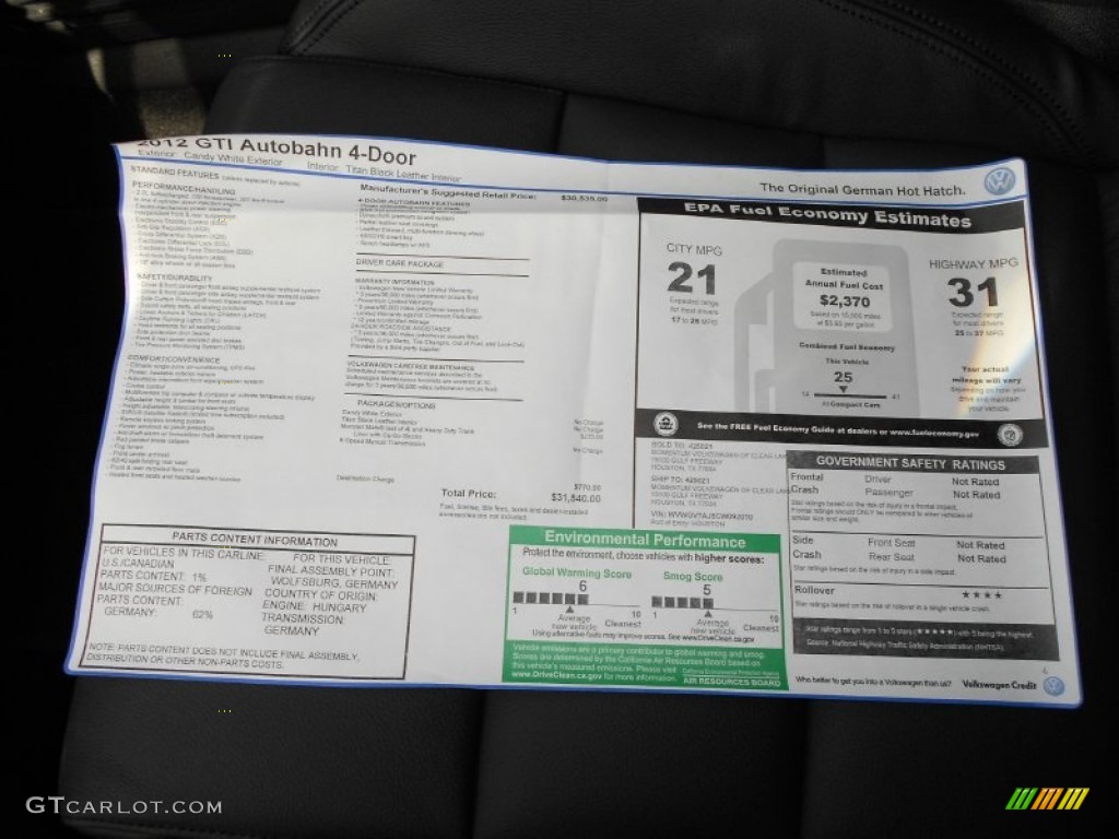 2012 Volkswagen GTI 4 Door Autobahn Edition Window Sticker Photo #55155941