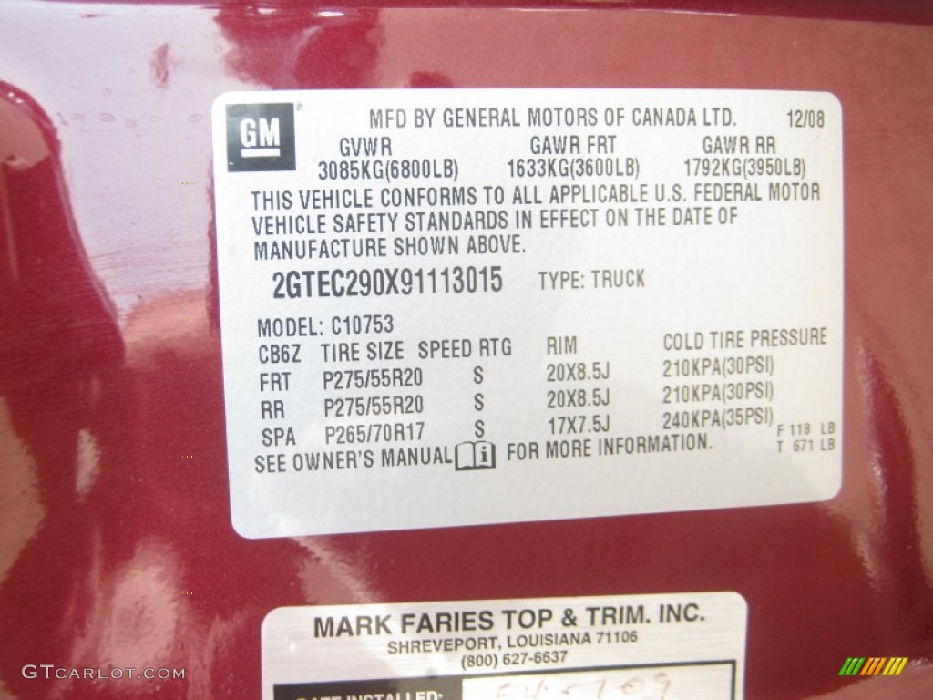 2009 GMC Sierra 1500 SLT Texas Edition Crew Cab 4x4 Info Tag Photo #55159805