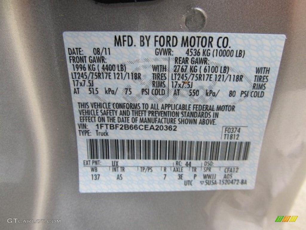 2012 F250 Super Duty Color Code UX for Ingot Silver Metallic Photo #55164222