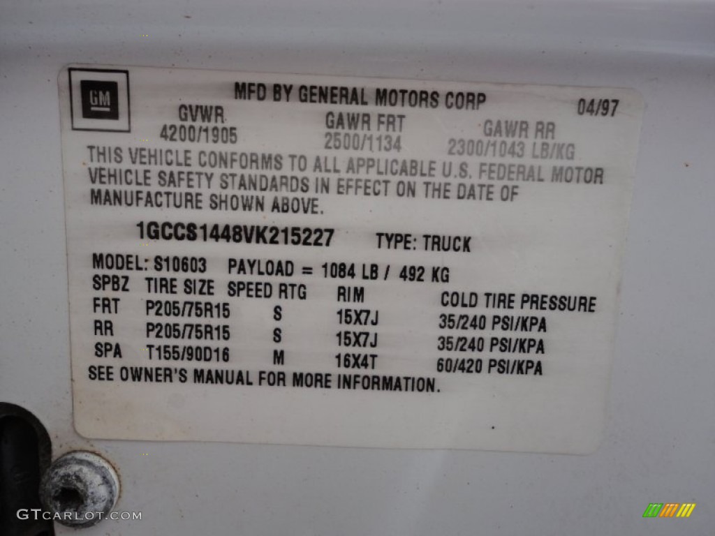 1997 Chevrolet S10 Regular Cab Info Tag Photos