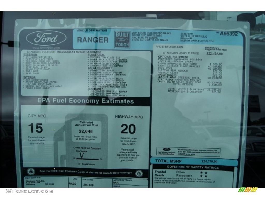 2011 Ford Ranger Sport SuperCab Window Sticker Photo #55194792