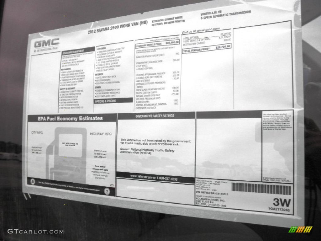 2012 GMC Savana Van 2500 Cargo Window Sticker Photo #55195836