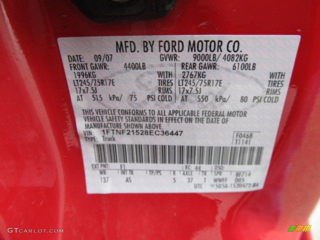 2008 F250 Super Duty Color Code F1 for Red Photo #55203393