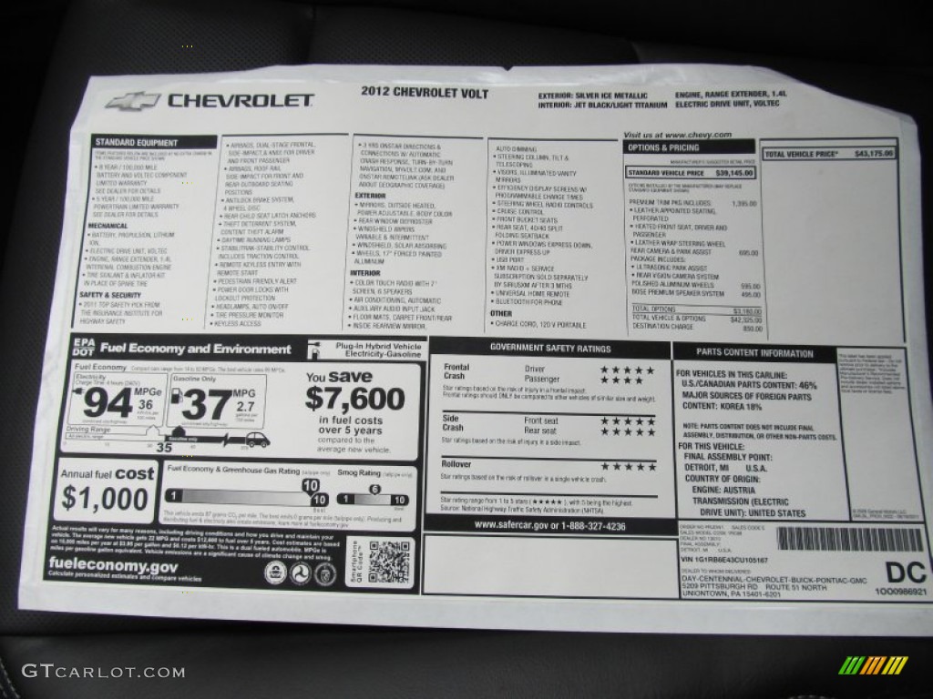 2012 Chevrolet Volt Hatchback Window Sticker Photo #55208799