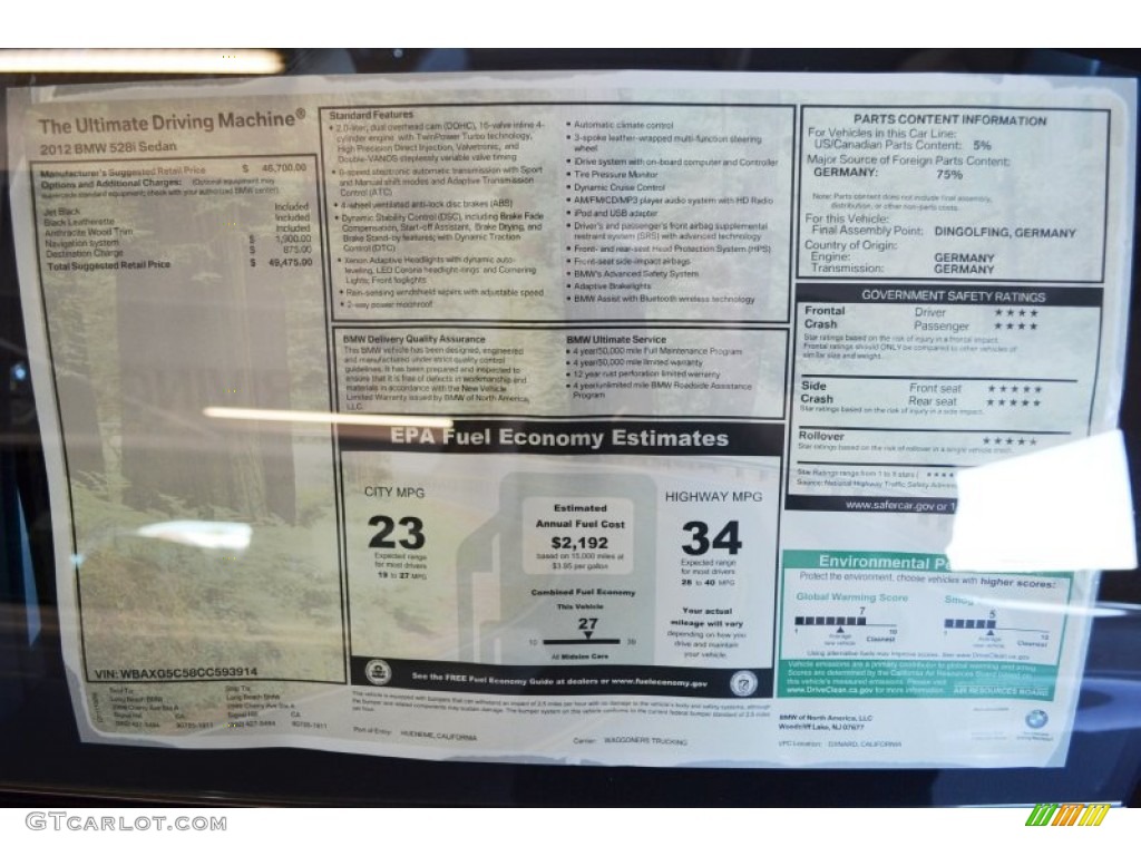 2012 BMW 5 Series 528i Sedan Window Sticker Photo #55211956