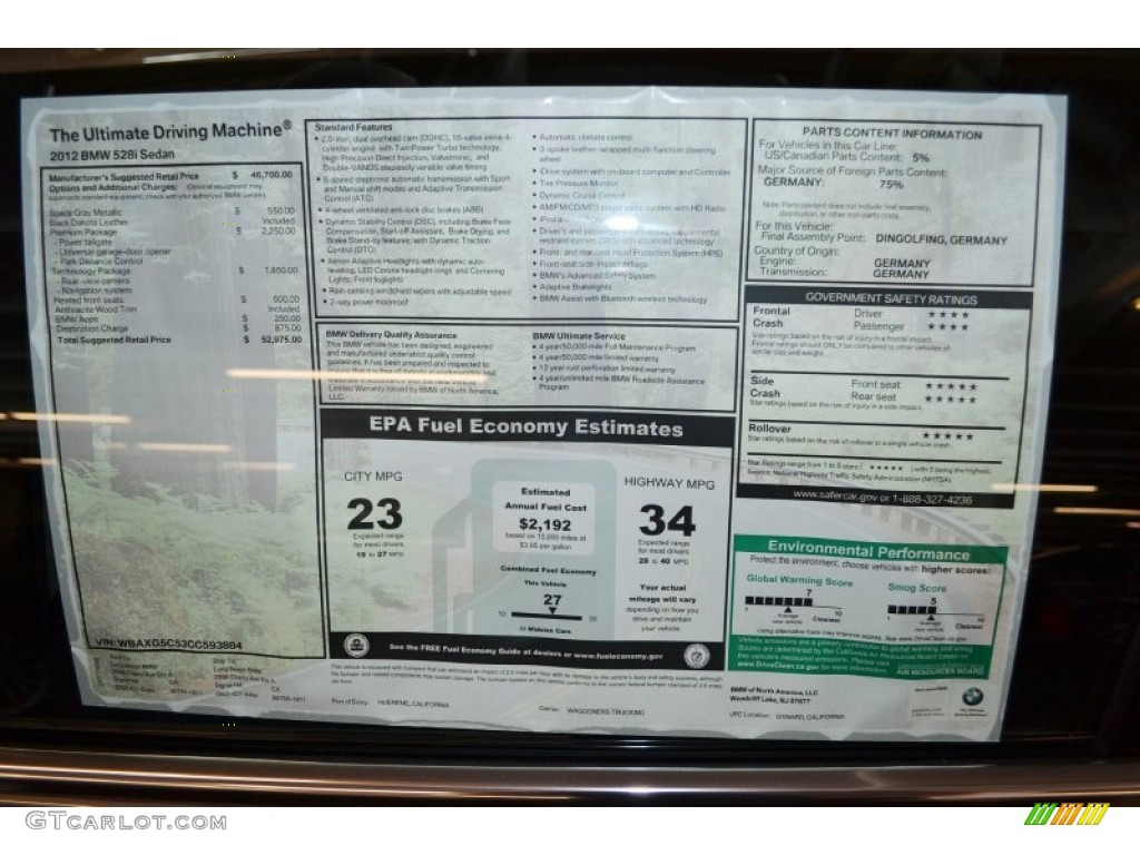 2012 BMW 5 Series 528i Sedan Window Sticker Photo #55212076