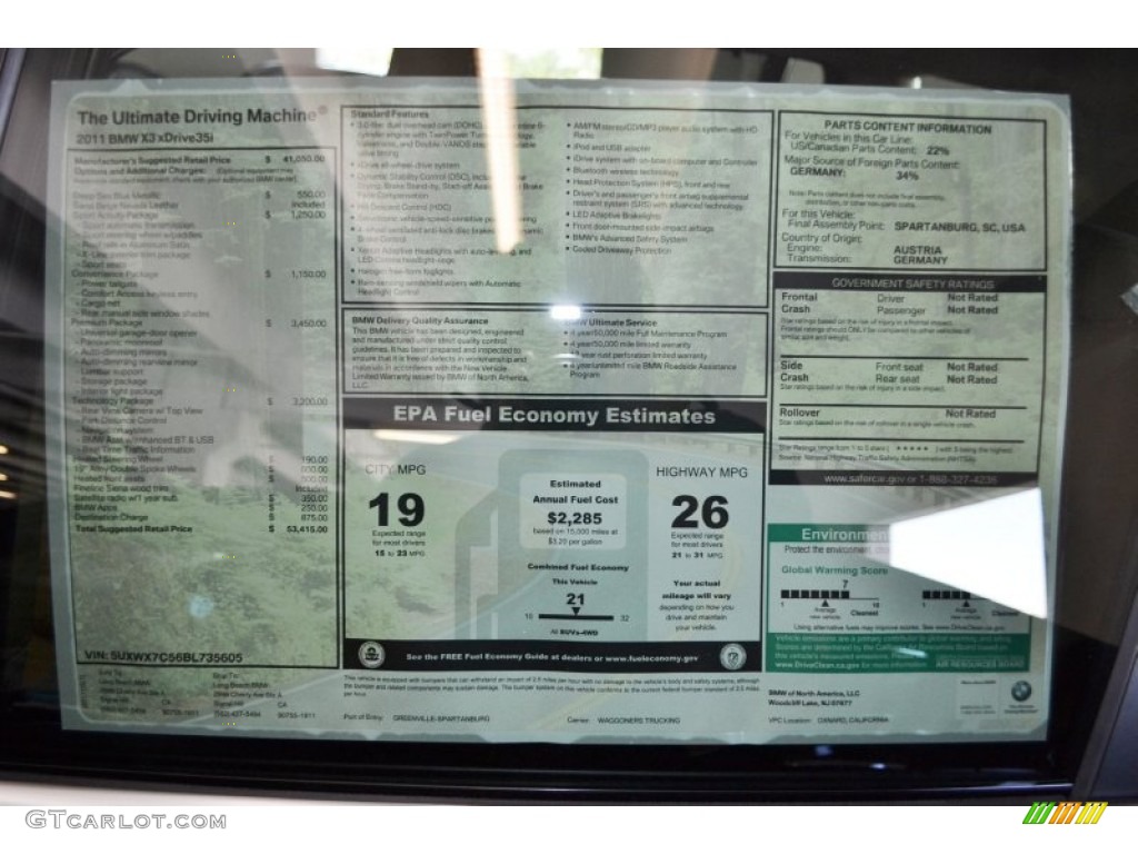 2011 BMW X3 xDrive 35i Window Sticker Photo #55212308