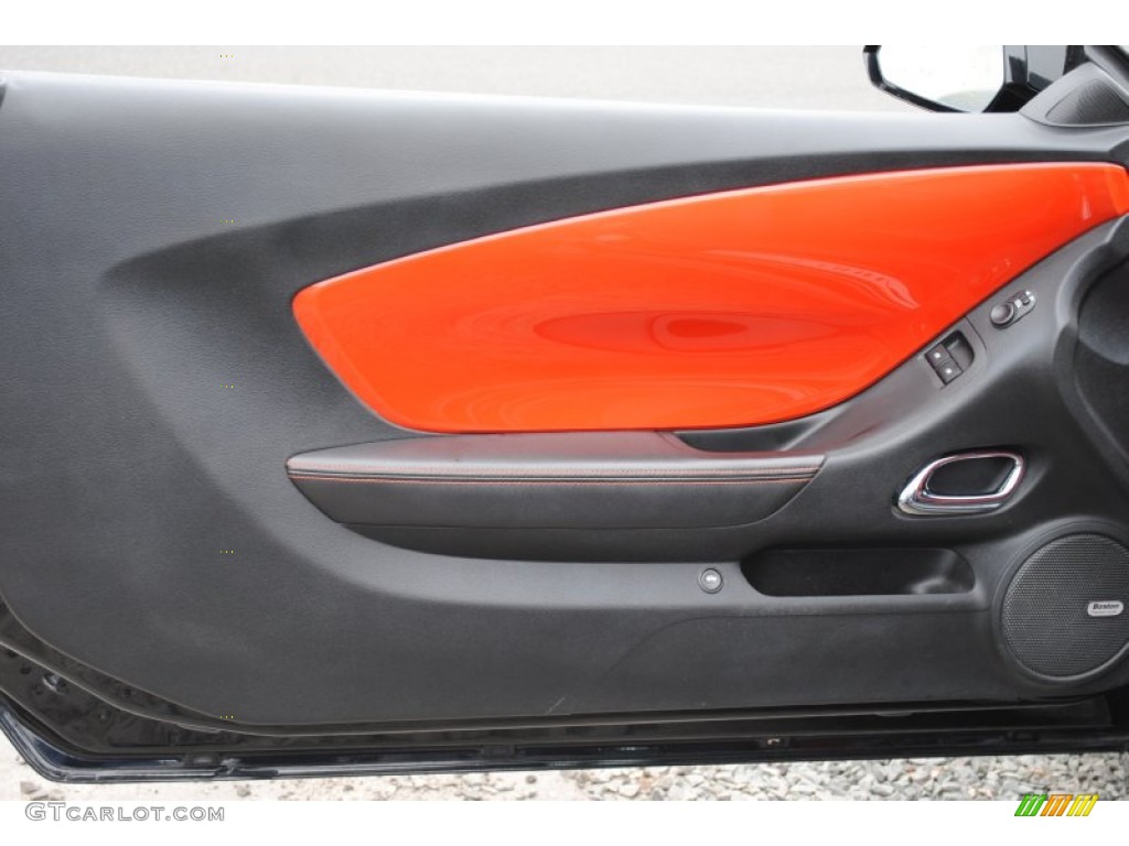 2010 Chevrolet Camaro SS/RS Coupe Black/Inferno Orange Door Panel Photo #55217398
