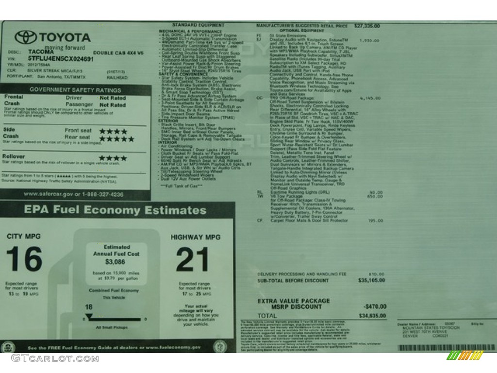 2012 Toyota Tacoma V6 TRD Double Cab 4x4 Window Sticker Photo #55224655