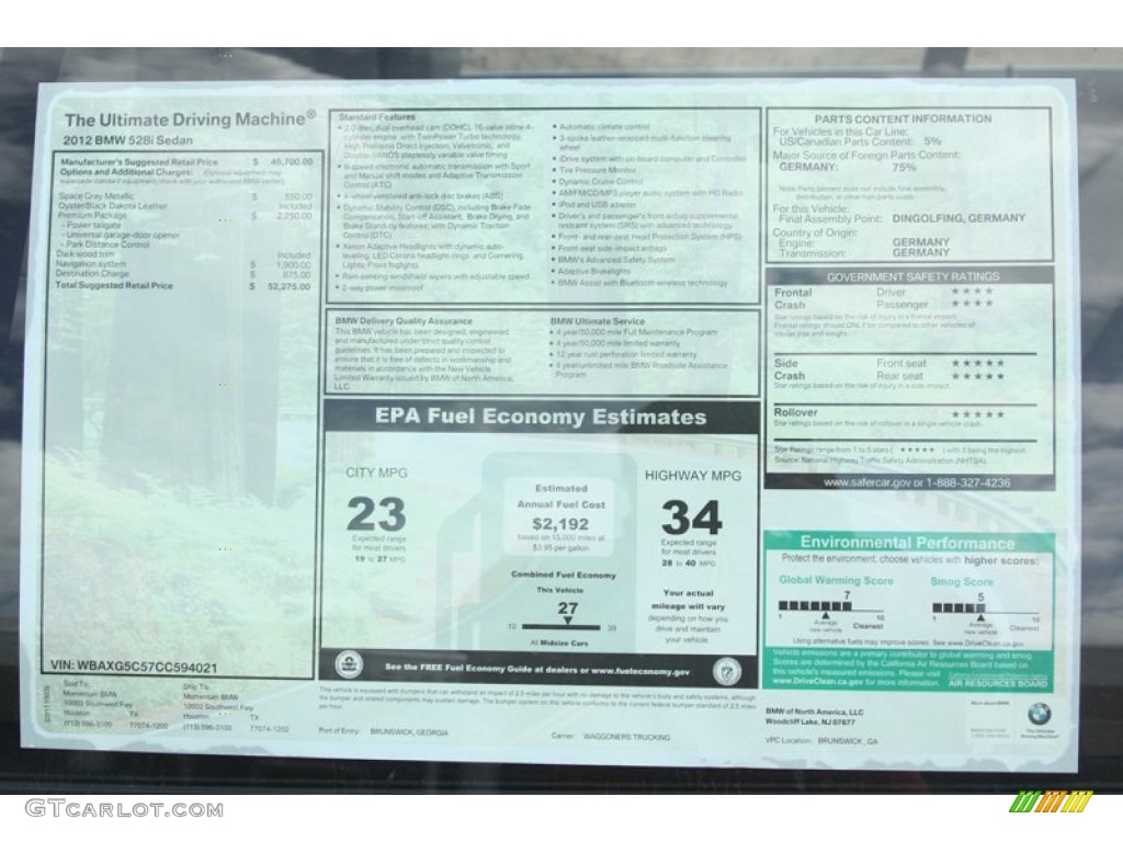 2012 BMW 5 Series 528i Sedan Window Sticker Photo #55230415