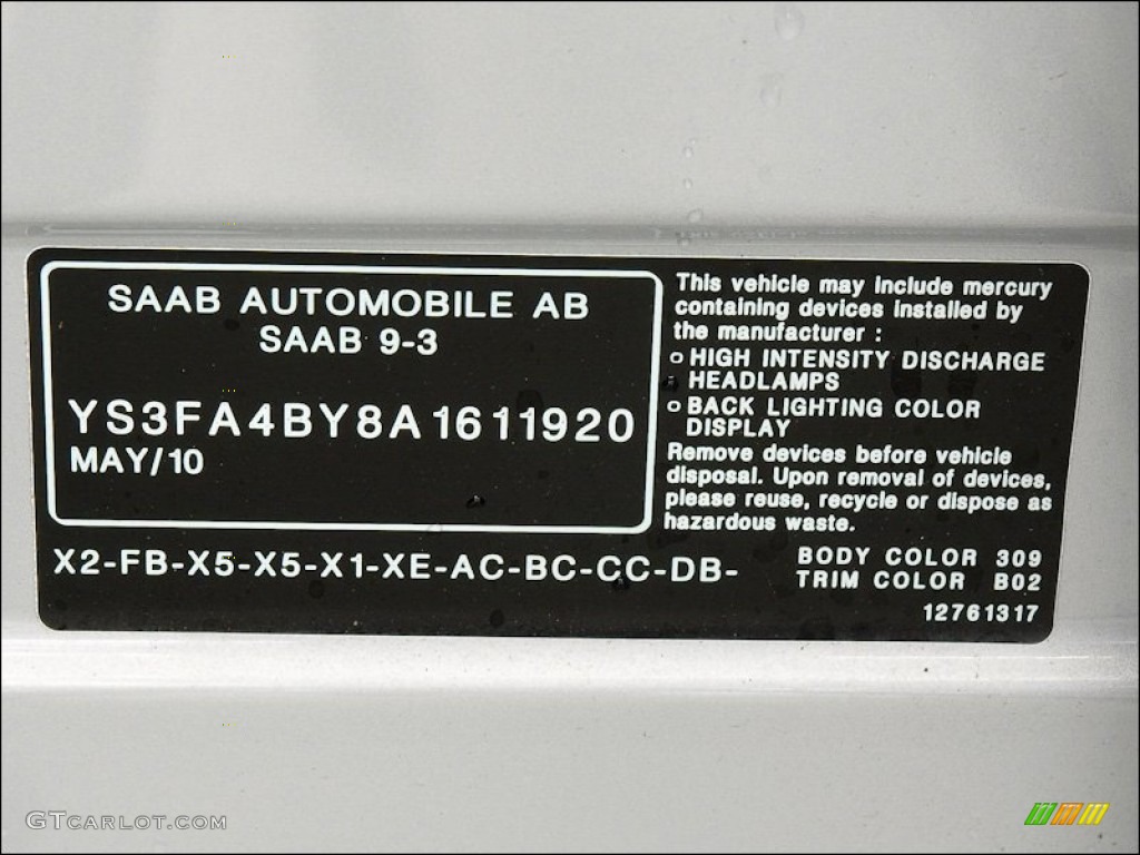 2010 Saab 9-3 2.0T Sport Sedan XWD Color Code Photos