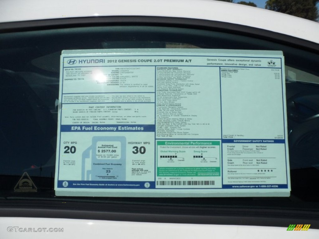 2012 Hyundai Genesis Coupe 2.0T Premium Window Sticker Photo #55244062
