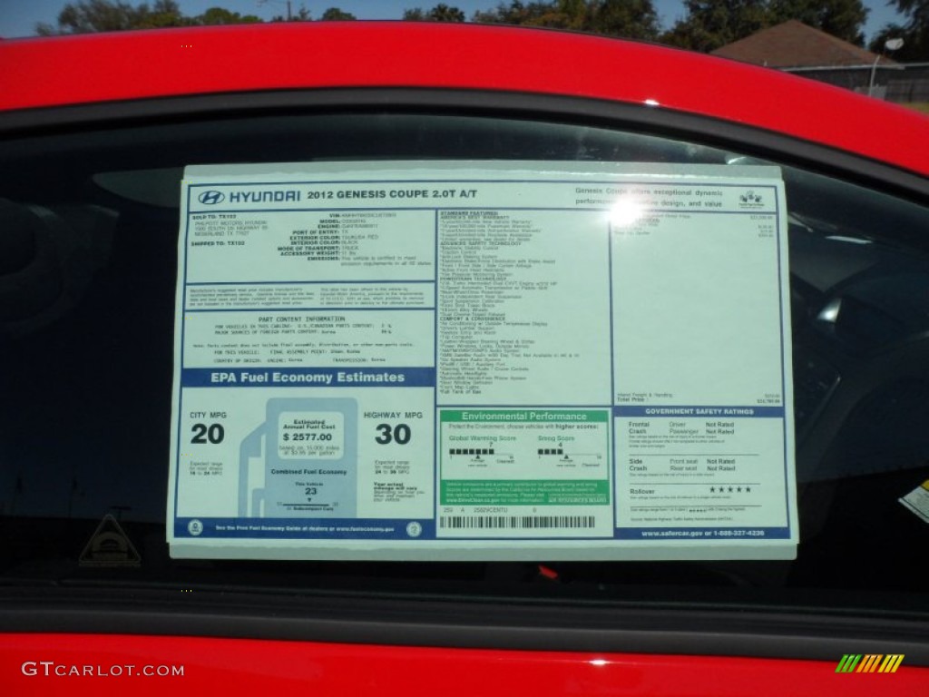 2012 Hyundai Genesis Coupe 2.0T Window Sticker Photo #55244373