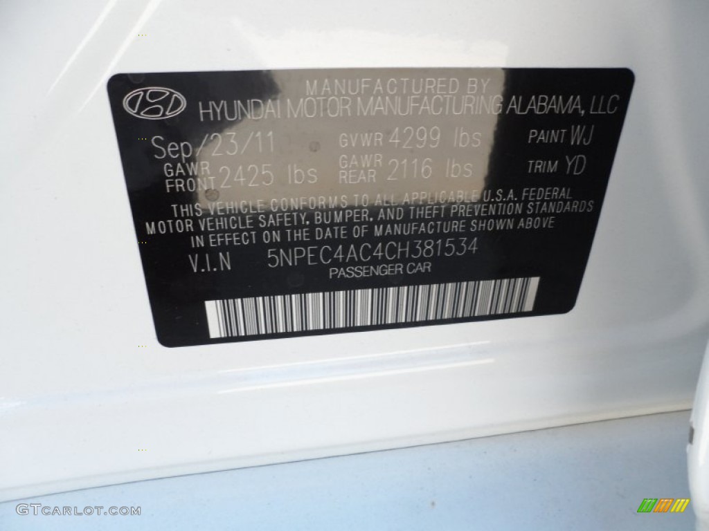 2012 Sonata Color Code WJ for Shimmering White Photo #55244992