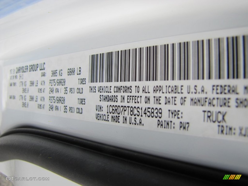 2012 Ram 1500 Color Code PW7 for Bright White Photo #55251352
