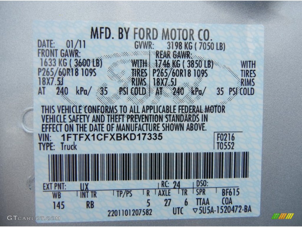 2011 F150 Color Code UX for Ingot Silver Metallic Photo #55260541