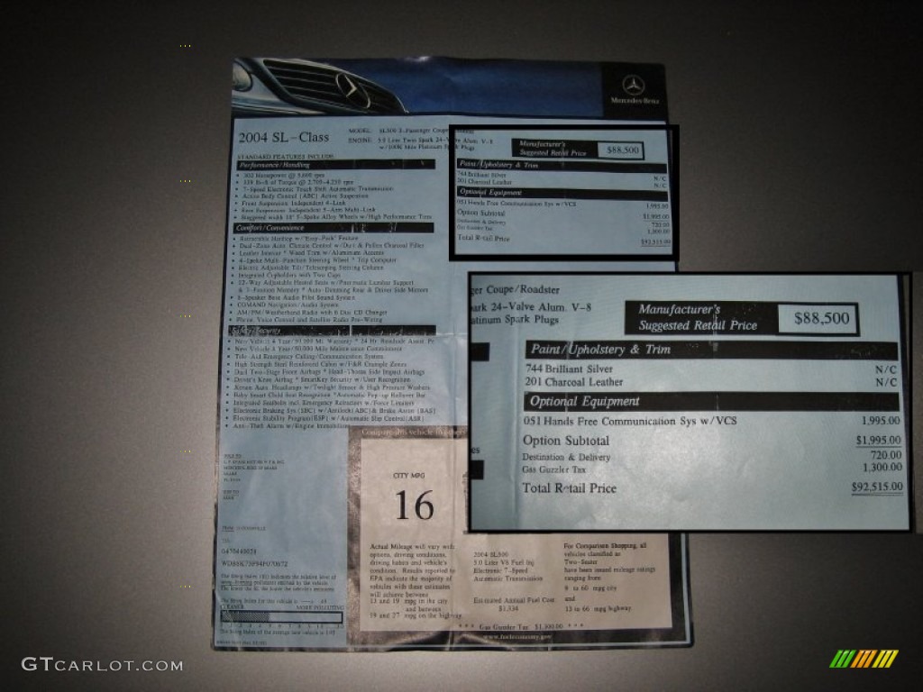 2004 Mercedes-Benz SL 500 Roadster Window Sticker Photos