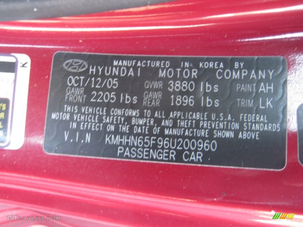2006 Hyundai Tiburon SE Color Code Photos