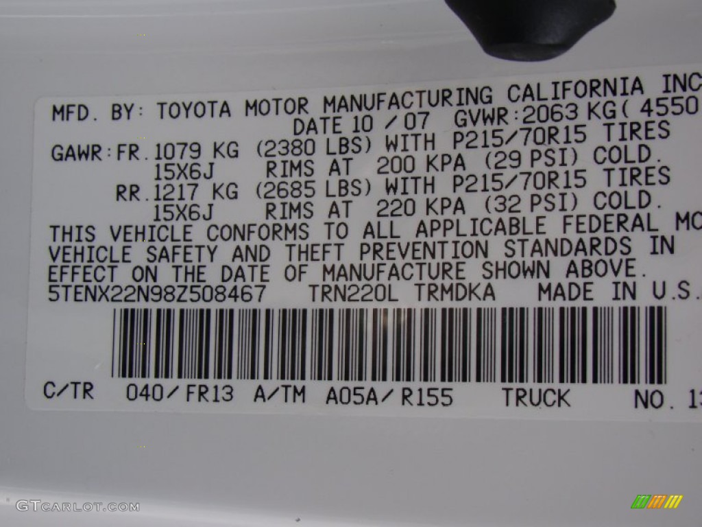 2008 Toyota Tacoma Regular Cab Info Tag Photos