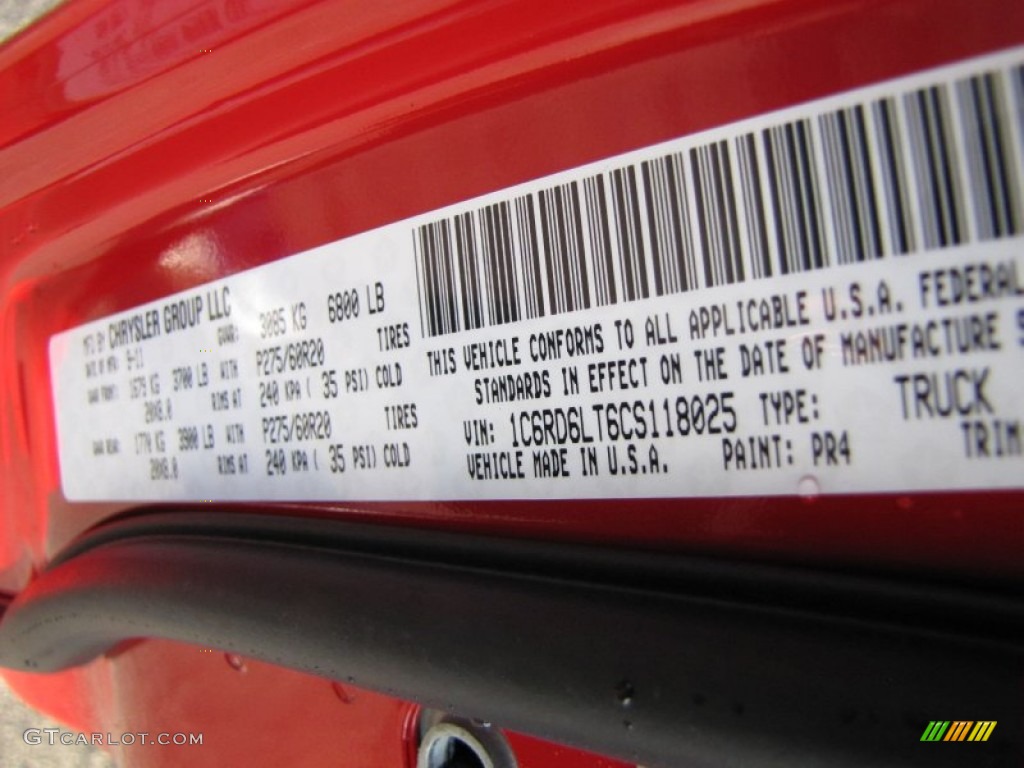 2012 Ram 1500 Color Code PR4 for Flame Red Photo #55289869