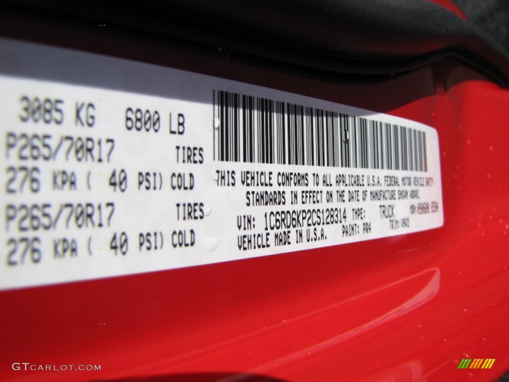 2012 Ram 1500 Color Code PR4 for Flame Red Photo #55291135
