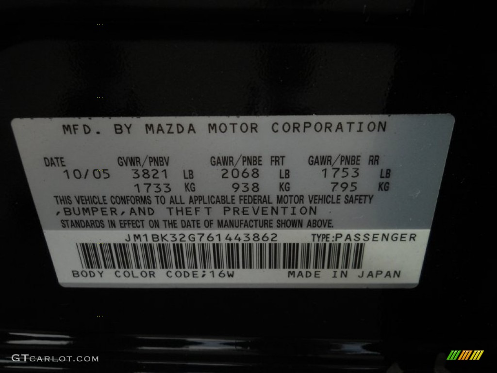2006 MAZDA3 Color Code 16W for Black Mica Photo #55305169
