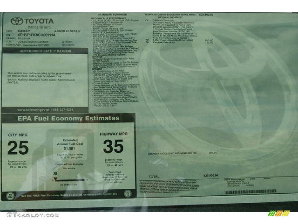 2012 Toyota Camry LE Window Sticker Photo #55314979