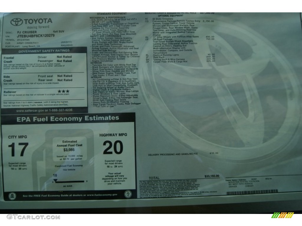 2012 Toyota FJ Cruiser 4WD Window Sticker Photo #55315396