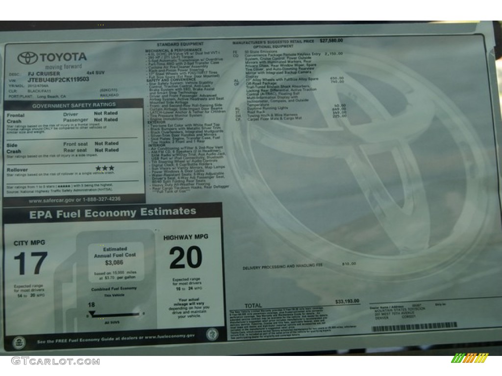 2012 Toyota FJ Cruiser 4WD Window Sticker Photo #55315682