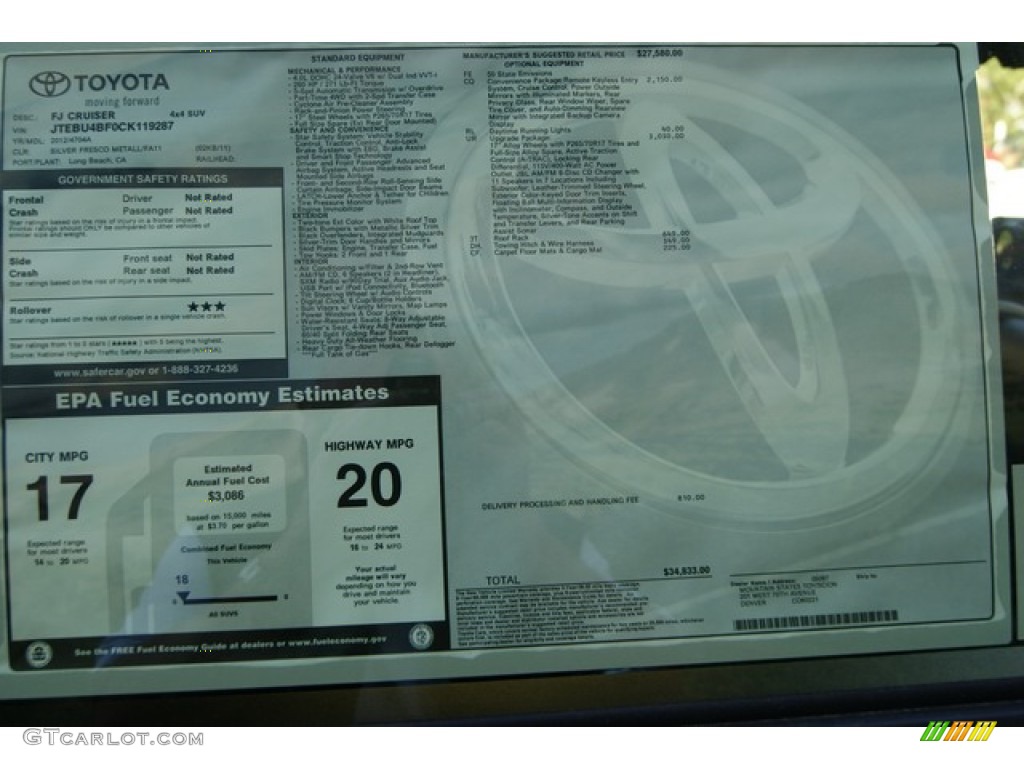 2012 Toyota FJ Cruiser 4WD Window Sticker Photo #55315825