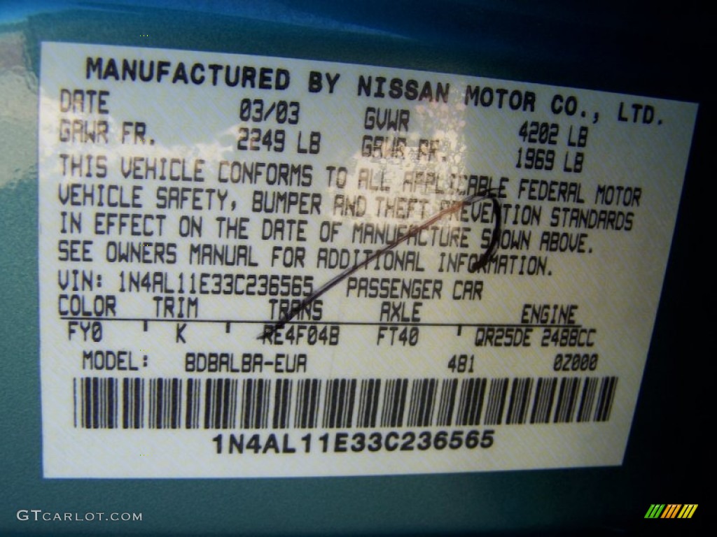 2003 Altima Color Code FY0 for Seascape Photo #55322554