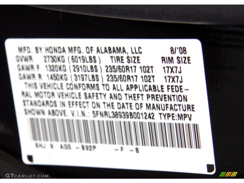 2009 Odyssey Color Code B92P for Nighthawk Black Pearl Photo #55337591