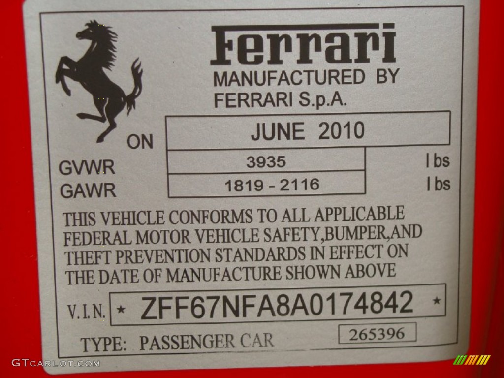2010 Ferrari 458 Italia Info Tag Photo #55344043