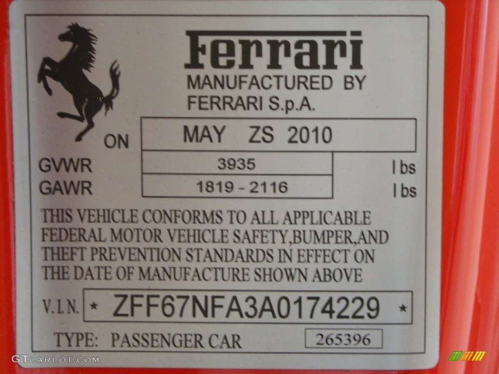 2010 Ferrari 458 Italia Info Tag Photo #55344332