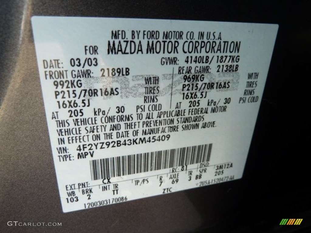 2003 Mazda Tribute DX 4WD Color Code Photos