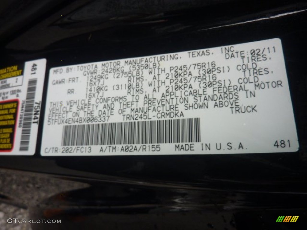 2011 Toyota Tacoma SR5 Access Cab 4x4 Color Code Photos