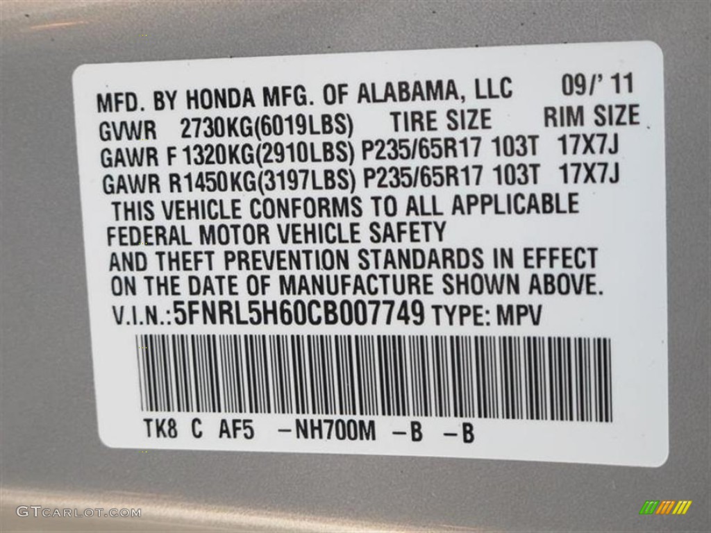 2012 Odyssey Color Code NH700M for Alabaster Silver Metallic Photo #55354199