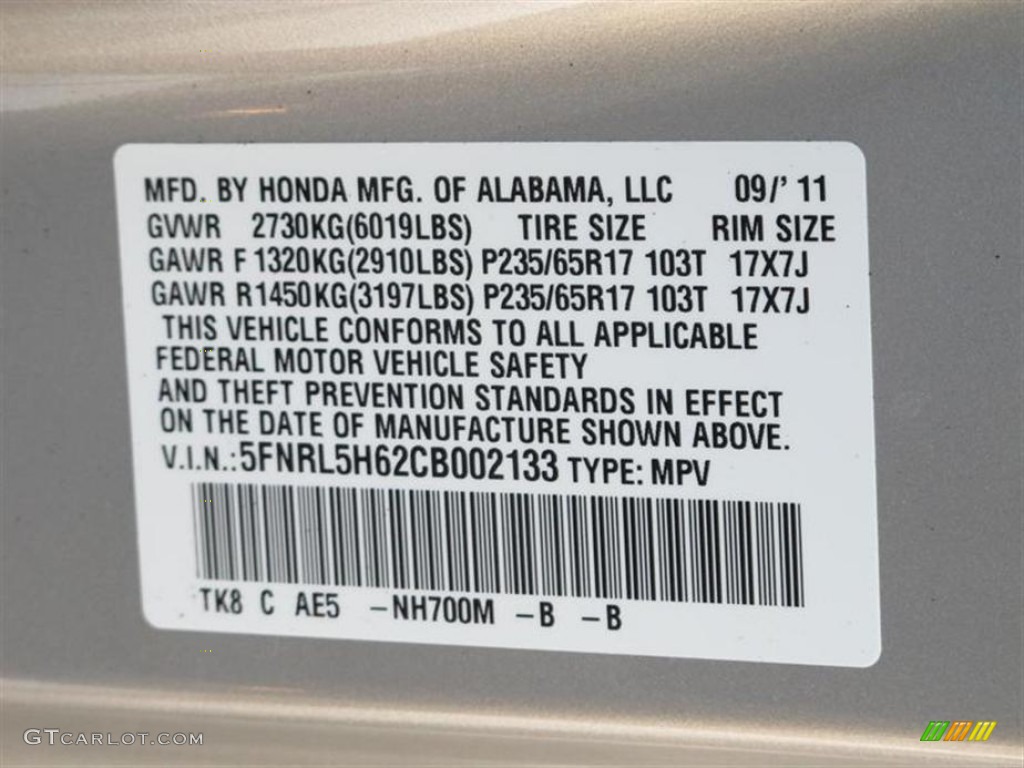 2012 Odyssey Color Code NH700M for Alabaster Silver Metallic Photo #55354391