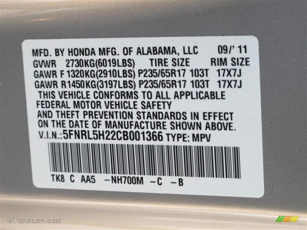 2012 Odyssey Color Code NH700M for Alabaster Silver Metallic Photo #55354475