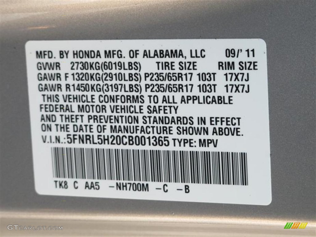 2012 Odyssey Color Code NH700M for Alabaster Silver Metallic Photo #55354565