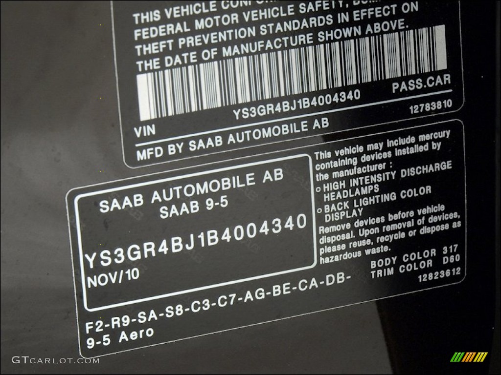 2011 Saab 9-5 Aero XWD Sedan Color Code Photos