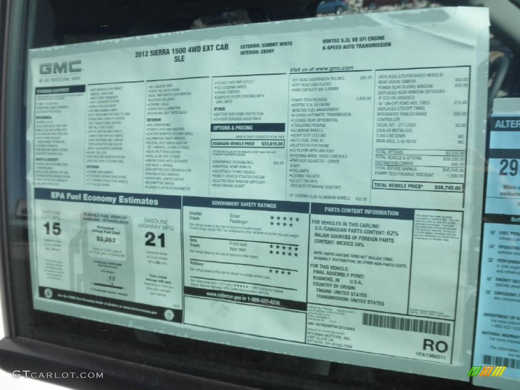 2012 GMC Sierra 1500 SLE Extended Cab 4x4 Window Sticker Photo #55378474