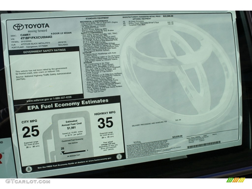 2012 Toyota Camry LE Window Sticker Photo #55390296