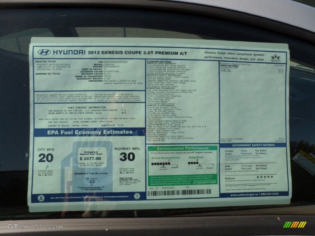 2012 Hyundai Genesis Coupe 2.0T Premium Window Sticker Photo #55398315