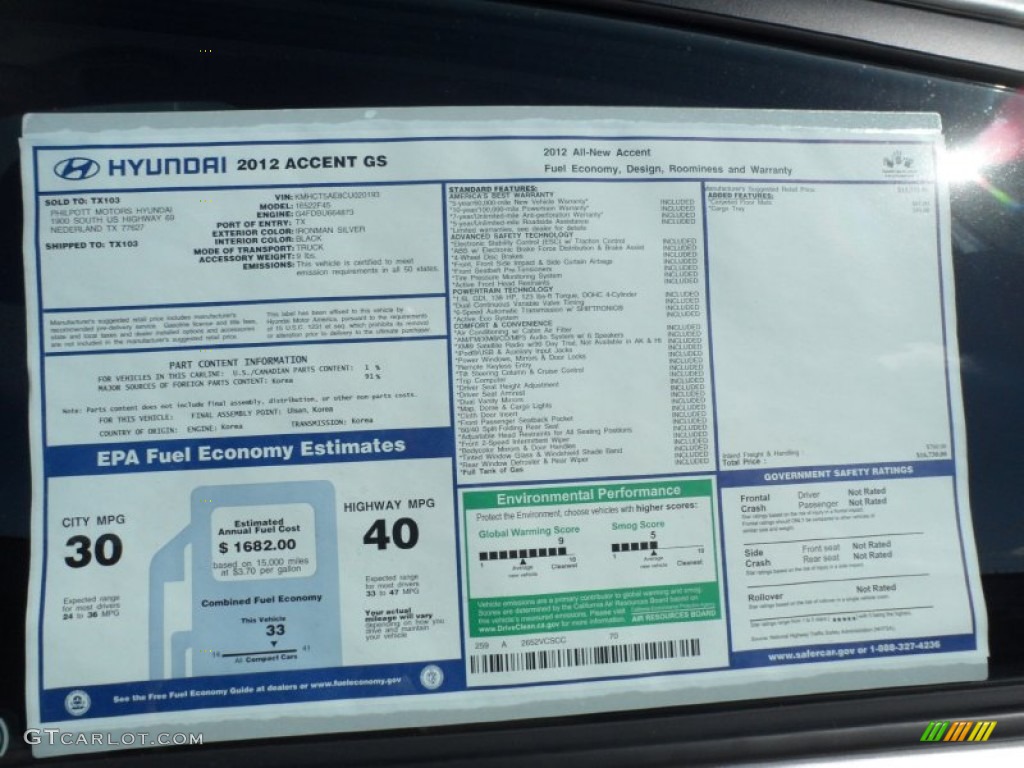 2012 Hyundai Accent GS 5 Door Window Sticker Photos