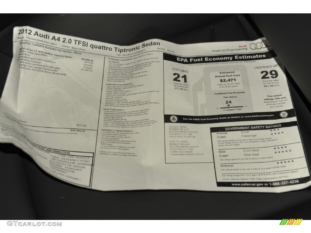 2012 Audi A4 2.0T quattro Sedan Window Sticker Photo #55409176