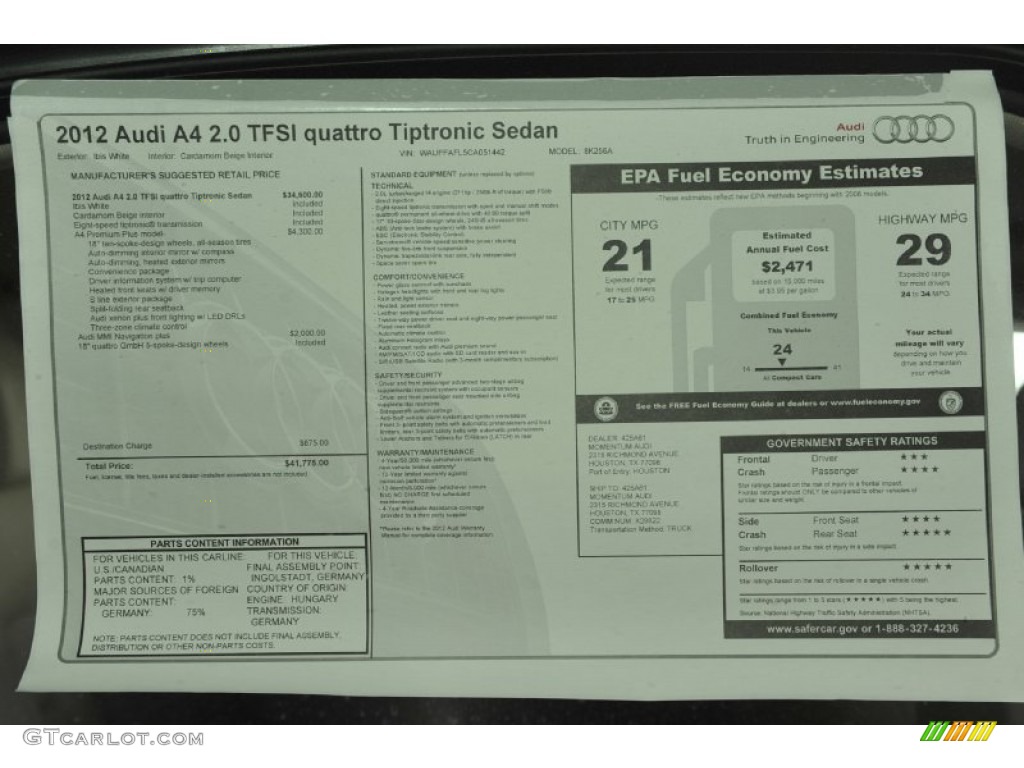 2012 Audi A4 2.0T quattro Sedan Window Sticker Photo #55410048